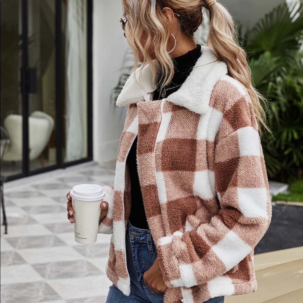 Brown white plaid collar pocket fall teddy coat - Picture 6 of 6
